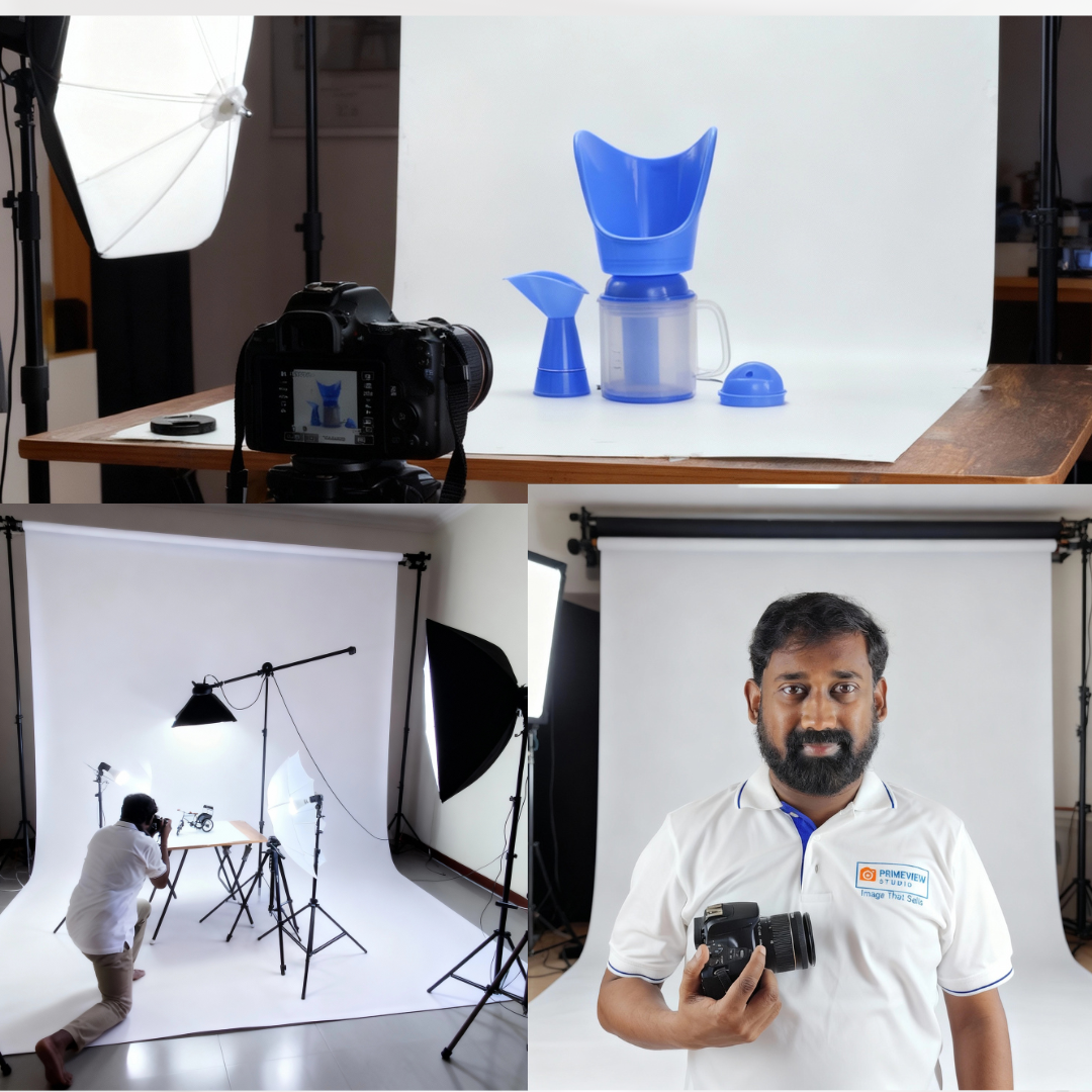 Behind the scenes of Prime View Studio product photography shoot showing studio lighting setup