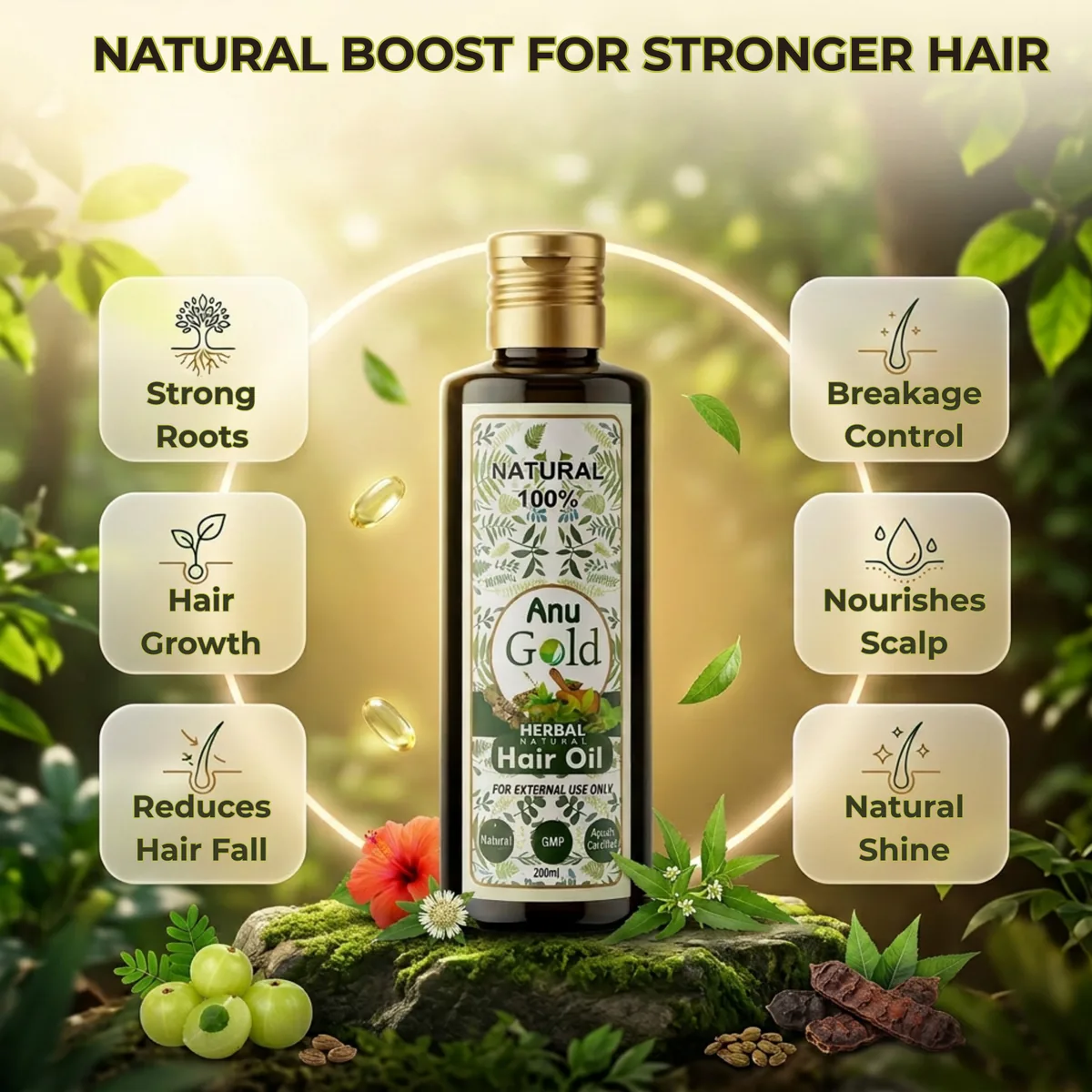 Marketplace ready listing photo: Anu Gold Herbal Natural Hair Oil, Reduces Hair Fall, Natural Shine, Ayurvedic, 200 ml